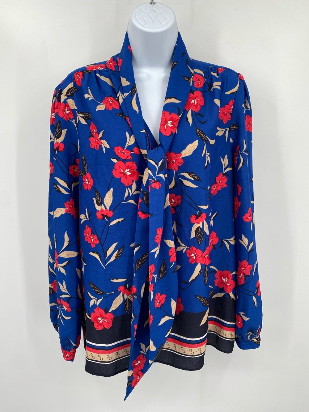 Ann‎ Taylor Royal Blue Floral Tie-Neck Blouse with Red Flowers Size L